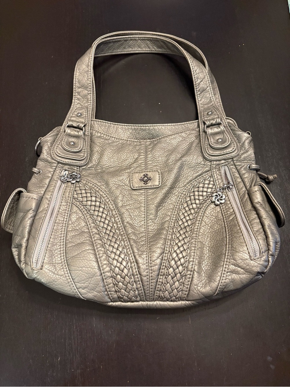 PROD Metallic Green Gray Faux Leather Shoulder Bag with Braiding and Silver